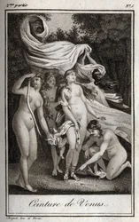 Pas Wenus: Podczas gdy bitwa nadal przynosi korzyść trojanom, Junon używa pasa Wenus, aby oczarować Jowisza, i spać, aby go uśpić. Rycina z 1819 r. w „Lettres a Emilie sur la mitologie” Charlesa Alberta Demoustiera (1760-1801). Prywatna kolekcja