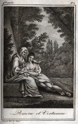 Vertumne i Pomone (Jowisz i Ceres): Vertumne, zakochana w nimfie Pomone, przebiera się za staruszkę, aby się do niej zbliżyć. Rycina z 1819 r. w „Lettres a Emilie sur la mitologie” Charlesa Alberta Demoustiera (1760-1801). Prywatna kolekcja.
