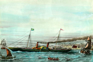 Vessel a wheel la Victoria”” służący między Boulogne sur mer i Folkestone””” Grawerunek z XIX wieku. Prywatna kolekcja