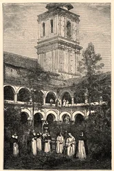 Widok klasztoru Dominikanów w Quito w Ekwadorze. Grawer w „Misjach katolickich w XIX wieku” Louis-Eugene (Louis Eugene) Louvet. prywatna kolekcja.