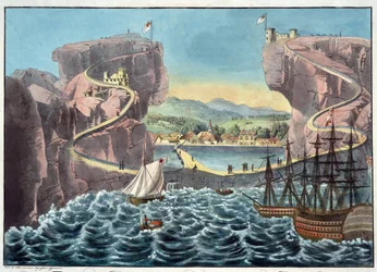Widok na wyspę św. Heleny od strony lądowiska w pobliżu Fortu James - Anonimowy - 1815 - Aquatint - 46,7x54,5 - Kolekcja prywatna