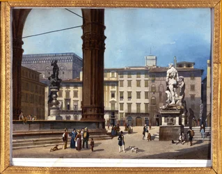 Widok Loggia dei Lanzi (1576-1582) na Piazza della Signoria we Florencji „” Anonimowy obraz z XIX wieku