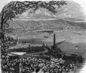 Widok na miasto Genes (Genova), Włochy. rycina z 1859 r. w „Galeriach Europy – Włochy” autorstwa Armengaud. Prywatna kolekcja.