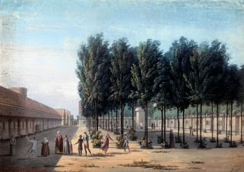 Widok na dziedziniec Paisibles przy hospicjum w Bicetre Spacer chorych psychicznie w Szpitalu w 1824 r. Anonimowy gwasz. Paryż, Muzeum Carnavalet