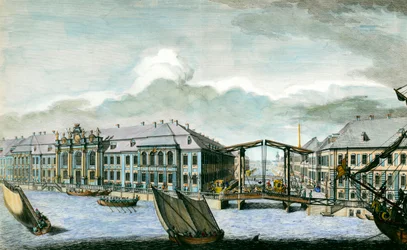 Widok dawnego pałacu zimowego kanału Moika i Newy w Sankt Petersburgu XVIII wieku grawerowanie. Sankt Petersburg, Biblioteka Ermitażu