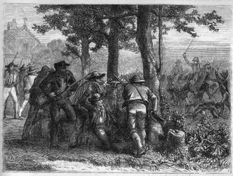 Wojna Rewolucji Francuskiej i ruchy przeciwko rewolucjonistom: oblężenie i zdobycie Lyonu przez francuską armię republikańską 9 października 1793 przeciwko wojskom rojalistów. Grawerowanie z 1866 roku w „Histoire de la Revolution francaise” autorstwa Adolp
