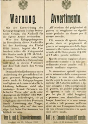 Ostrzeżenie po ucieczce włoskich jeńców wojennych 16 lutego 1916 r. z prośbą o nie pomaganie ludności austriackiej (rycina