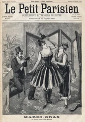 Kobiety przygotowujące się za parawanem i mężczyzna przymierzający maskę w kształcie tuby słonia na Bal Maskowy Mardi Gras (Mardi-Gras). Jedna z gazet „Le Petit Parisien”” z dnia 19.02.1893.