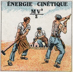 Praca i moc: obliczanie energii kinetycznej. Anonimowa ilustracja z 1925 r. Ze zbiorów prywatnych.