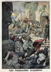 I wojna światowa, ludobójstwo Ormian, zniszczenie ludności ormiańskiej przez Turków osmańskich, ilustracja z francuskiej gazety Le Petite Journal, 12 grudnia