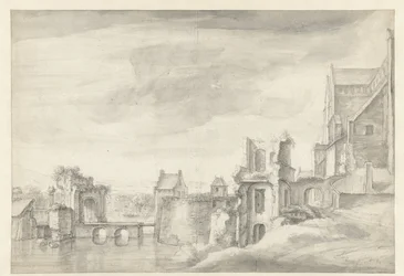 Widok ruin na brzegu rzeki (St. Walburgkerk w Arnhem?)