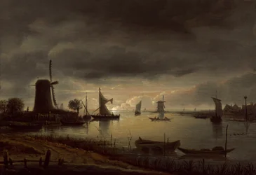Scena rzeczna z wiatrakiem i łodziami, wieczór, ok. 1645 (olej na płycie)