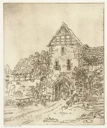 Kilka postaci przy starej bramie miasta