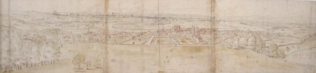 Greenwich Palace i Londyn ze wzgórza Greenwich (pióro, brązowy tusz i akwarela z oznaczeniami czarną kredą)