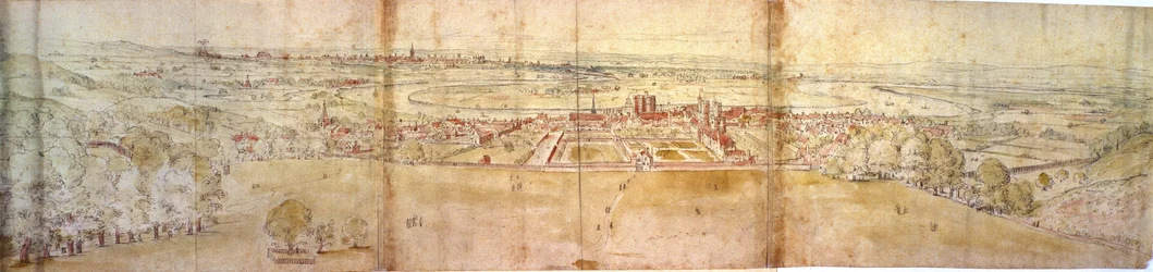 Pałac Greenwich i Londyn ze wzgórza Greenwich, ok. 1544 (pióro, tusz, kreda i wc na papierze)
