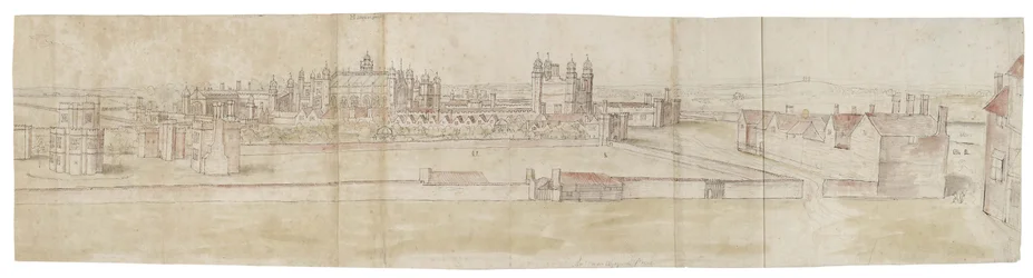 Pałac Hampton Court od strony północnej (pióro, brązowy tusz i akwarela, słabo zaznaczone czarną kredą)