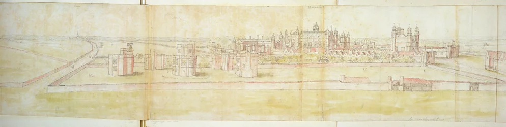 Pałac Hampton Court z północy, ok. 1544 (pióro, atrament i toaleta na papierze)