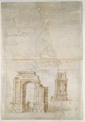 Recto: Panoramiczny widok na Tarragonę od południa (od strony morza) Verso: Szkice rzymskich ruin w Tarragonie i twierdzy