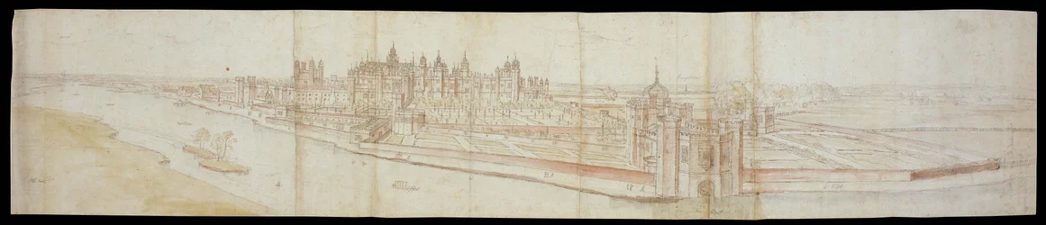 Widok pałacu Hampton Court od południa, z rzeką na pierwszym planie, 1558 (pióro i brązowy tusz oraz akwarele na czarnej kredzie)