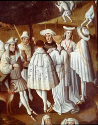 Ogród miłości na dworze księcia Burgundii Filipa III Dobrego, w ogrodach zamku Hesdin w 1432 r. Festyny wydane z okazji ślubu jego szambelana Andre de Toulongeon. Szczegół. Obraz Antona Van Dycka (1599-1641)