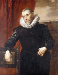 Portret Fransa Snydersa, półpostać, w czarnym stroju, oparty o krzesło, z krajobrazem w tle