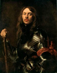 Portret mężczyzny w zbroi z czerwonym szalem