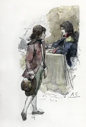 Syn Józefiny, Eugene de Beauharnais (1781-1824) rości sobie miecz swojego ojca Alexandre de Beauharnais do zięcia Napoleona Bonaparte (1769-1821) (Młody Eugene de Beauharnais prosi Napoleona o miecz swojego ojca Alexandre de Beauharnais Bon