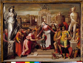 Historia królowej Artemise Iere z Halicarnasse: „”Przekazanie księgi i szpada”” Obraz Antoine Caron (1521-1599) XVI-wieczne słońce. 0,51x0,67 m Beauvais, Musee departemental de l