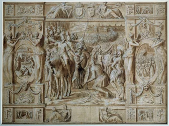Poddanie Mediolanu Wojska Franciszka I zajęły Mediolan po zwycięstwie w bitwie pod Marignan w 1515 roku. Rysowanie piórem i pranie autorstwa Antoine Carona (1521-1599) XVI-wieczny Paryż, Luwr