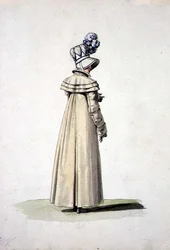 Elegancka kobieta w czepku, ilustracja z „Incroyables et Merveilleuses” (akwarela na papierze)