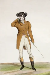 Dandy ubrany w kapelusz w kształcie łódki, marynarkę w kolorze brunatnym i bryczesy z koźlej skóry, płyta 1 z serii modnych tablic „Incroyable et merveilleuses”, grawerowana przez Georgesa Jacquesa Gatine