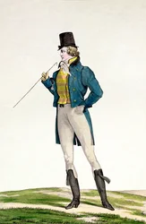 Dandy w kapeluszu Robinson, z dziecięcymi lokami, dzianinowymi spodniami i butami jeździeckimi, płyta 5 z serii modnych talerzy Incroyable et merveilleuse, grawerowana przez Georgesa Jacquesa Gatine