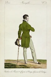 Dandy z fryzurą „Francois I” i kolekcją wdzięków i bibelotów, płyta 3 z serii modnych talerzy „Incroyable et merveilleuses”, grawerowana przez pub Georges Jacques Gatine (1773-1831)