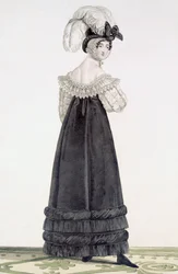 Dama w aksamitnej sukni porannej, tablica 24 z „Incroyable et Marvelous”, ryt. Georges Jacques Gatine (1773-1831), wyd. Paryż, 1797 (rycina akwatinta)