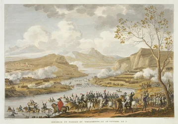 Bitwa i przeprawa przez Tagliamento, 26 Ventose, Rok 5 (marzec 1797) rytował Jean Duplessi-Bertaux (1747-1819) (akwatinta)