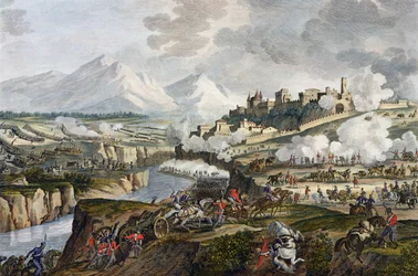 Bitwa pod Roveredo, 18 Fructidor, rok 4 (wrzesień 1796) grawerowana przez Jeana Duplessi-Bertaux (1747-1819) (akwatinta)