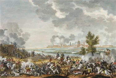 Bitwa pod S. Giorgio di Mantova, 29 Fructidor, rok 4 (wrzesień 1796) rytowana przez Jeana Duplessi-Bertaux (1747-1819) (akwatinta)
