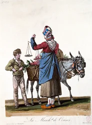 Sprzedawca wiśni, grawerowany przez Philiberta Louisa Debucourta (1755-1832)