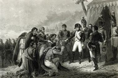 Pokonany Hiszpan pada na twarz przed Napoleonem przed jego wjazdem do Madrytu, grudzień 1808 r.