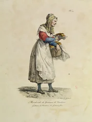 Sprzedawca ciast z Nanterre, numer 10 z serii „The Cries of Paris”, grawerowany przez Francois Serafin Delpech (1778-1825) (kolor litho)