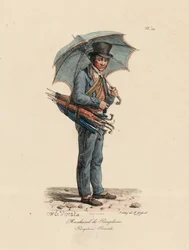 Sprzedawca parasoli i parasoli, numer 23 z serii The Cries of Paris, rytowany przez Francois Serafina Delpecha (1778-1825)
