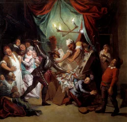 Don Kichot niszczy kukiełki, które bierze za Maurów. „Przemyślny szlachcic Don Kichot z Manczy” Miguela de Cervantesa Saavedry (1547-1616).