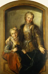 Portret Madame Dupille i jej córki, pół tułowia, ubranych w suknie balowe w oknie, 1733