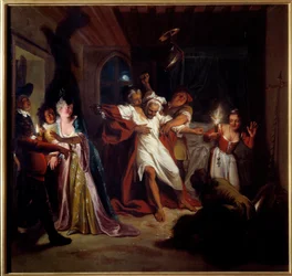 Śpiący Don Kichot walczy ze skórkami. „Genialny dżentelmen Don Kichot z La Manchy” Miguela de Cervantesa Saavedra (1547-1616). Obraz Charlesa Antoine