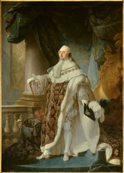 Portret en pied du roi de France Ludwik XVI (1754-1793) w wielkim królewskim stroju w 1779 Obraz Antoine Francois (Antoine-Francois) Calleta (1741-1823) 1779 Wym. 2,7x1,89 m - - Portret króla Francji Ludwika XVI (1754-1793) w koronie