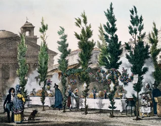 Frytownice w Panteonie podczas święta św. Józefa, grawerowane przez Antoine Jean-Baptiste Thomas (1791-1834) z Un an a Rome et dans ses environs (Rok w Rzymie i okolicach), Francja