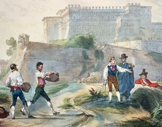 Gra w ruzzicę, Antoine Jean-Baptiste Thomas (1791-1834), litografia kolorowa z Roku w Rzymie i okolicach