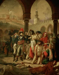 Cesarz Napoleon I Bonaparte odwiedza dotkniętą dżumą Jaffę, a wraz z nim jego generałowie Berthier i Bessieres ...