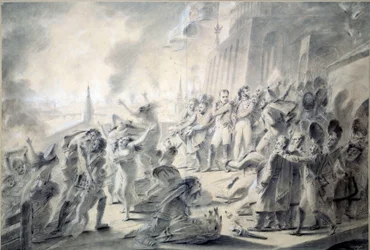 Pożar Moskwy 15.09.1812 Namiestnik miasta, hrabia Rostopchina, spalił miasto, gdy przybył Napoleon I. Rysunek brązowym tuszem, praniem, długopisem, ołówkiem i gwaszem autorstwa Antoine Jean Gros (1771-1835) 1812 wym. 0,57x0,84 m Paryż, musee du Louvre