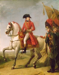 Napoleon Bonaparte (1769-1821), pierwszy konsul, dokonujący przeglądu swych wojsk po bitwie pod Marengo, 1802-03